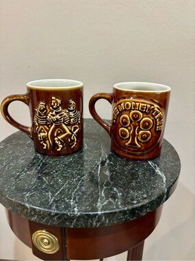 Hall China Brown Ceramic Mugs with Raised Motif - Set of 2